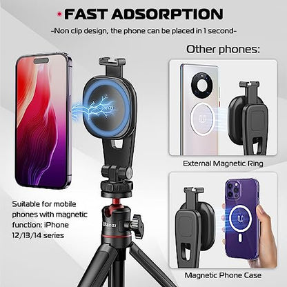 ULANZI Magnetic iPhone Tripod Mount MA23, Magnet Phone Holder Adapter Tripod Attachment Compatible with MagSafe Only for iPhone 12 13 14 15 16 Plus Pro Max All Series | Cold Shoe Mount for Tripod Attachment, Magnet Phone Holder w 360° Rotation 1/4'' Screw