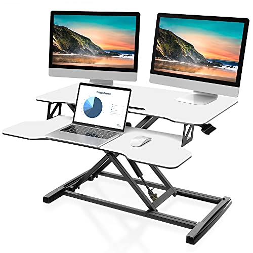 FITUEYES Height Adjustable Standing Desk 32” Wide Sit to Stand Converter Stand Up Desk Tabletop Workstation for Laptops Dual Monitor Riser White SD308003WW - color: White