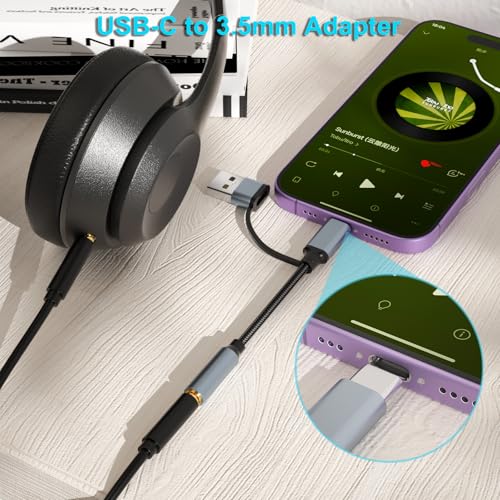 2-in-1 USB-C 3.5mm Audio Adapter with Type-A Converter, HiFi USBC DAC TRRS Headphone Jack & Mic Support, 1/8" AUX Cable Dongle for iPhone 17/16/15,iPad Pro/Air/Mini,Samsung,MacBook,PC,Laptop,Headset