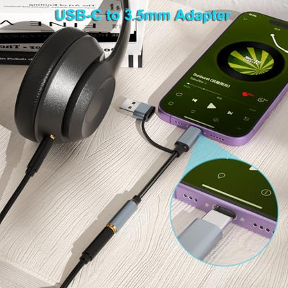2-in-1 USB-C 3.5mm Audio Adapter with Type-A Converter, HiFi USBC DAC TRRS Headphone Jack & Mic Support, 1/8" AUX Cable Dongle for iPhone 17/16/15,iPad Pro/Air/Mini,Samsung,MacBook,PC,Laptop,Headset