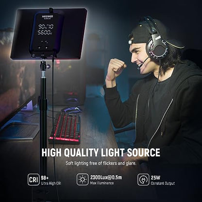 NEEWER 25W 12.9" Streaming Key Light with Desk Stand/2.4G Remote/USB Transmitter, PC/Mac APP Control 2300Lx/0.5m 2900-7000K CRI98+ Dimmable Edge Lit Video Panel Light for Webcam Laptop Zoom, GL25B