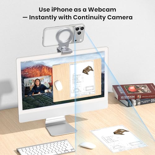 Itramax Continuity Camera Mount for iMac&Desktop Monitor,360° Adjustable iPhone Webcam Stand Holder with Metal Ring for MagSafe iPhone 17 17e/16/15/14/13/12/11/XR/XS,MacBook,Apple TV 4K,Studio Display - color: 360°Rotating-Gray