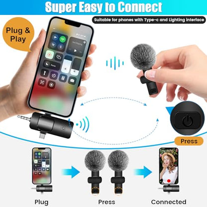 4 in 1 Wireless Lavalier Microphone for iPhone/USB C Android/Camera/Laptop PC,Mini Microphone 2.4G Ultra-Low Delay with Noise Reduction Cordless Lapel Mics for Video Recording, Vlog, YouTube, TikTok