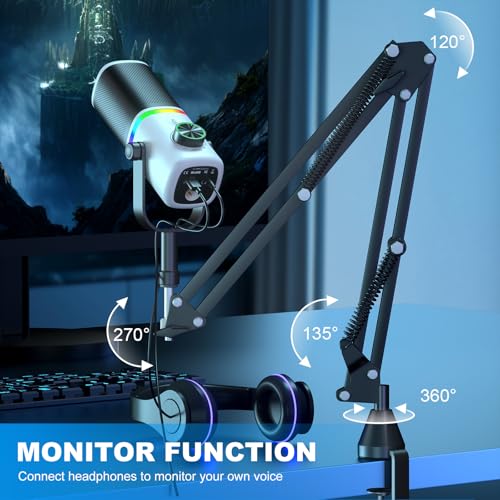 Aokeo AK-10 USB Gaming Microphone Wtih AK-35 Arm, Condenser Microphone for PC/MAC/PS4/PS5/Phone-Cardioid Mic with RGB Lighting - color: Metallic
