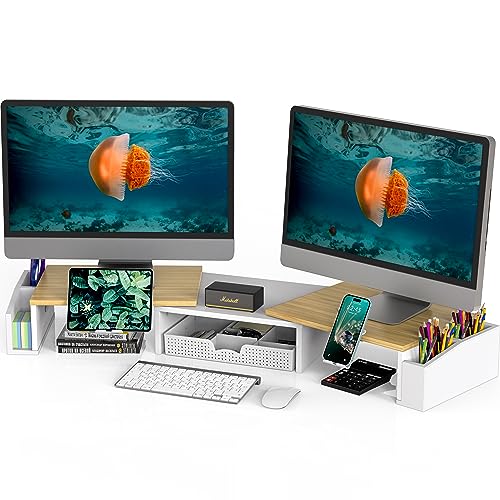 Simple Houseware Desk Dual Monitor Stand Riser with Drawer, Oak - color: Oak