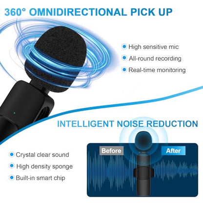 USB C Wireless Lavalier Microphone for iPhone 17 16 Pro Max 16e 15,Samsung Galaxy S25 A16 S24 Ultra,Noise Reduction Mini Lapel Mic Clip on,Lav Mic on Video Recording,Tiktok,Youtube,Vlog,Live Streaming