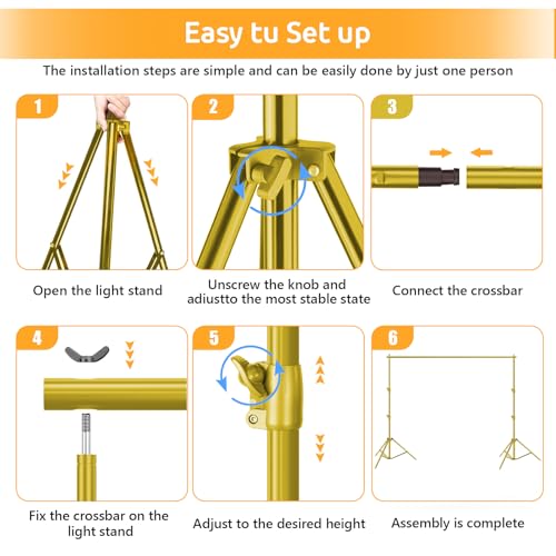 HYJ-INC Photo Video Studio Backdrop Stand- Titanium Gold, 12(W) x 10(H) ft Heavy Duty Adjustable Photography Muslin Background Support System Kit with Carry Bag,4 Spring Clamps