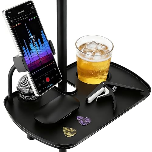 Microphone Stand Tray with Phone Holder, 12.2" Large Clamp On Shelf Table | Fits 0.4"-2" pole. Hold 9.9 lbs. Raised edge. Fits karaoke music stand studio concert floor lamp beach sunshade table storage