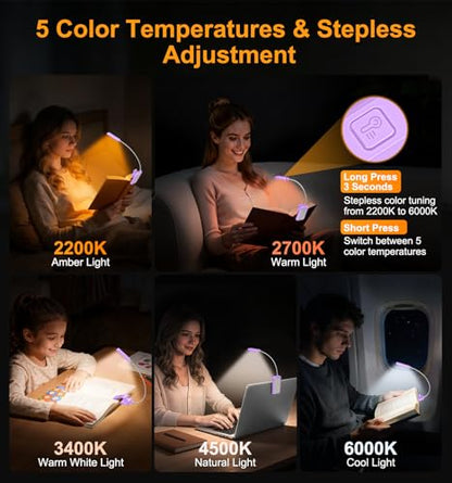 Gritin 2026 Gen 2 Book Light for Reading- 30 Eye Caring Full Spectrum LED | 5 Colors & 5 Brightness, Adjustable Wide/Narrow Beam, Upgrade 1500mAh Long-Lasting Rechargeable Clip on Light-Purple - color: Purple