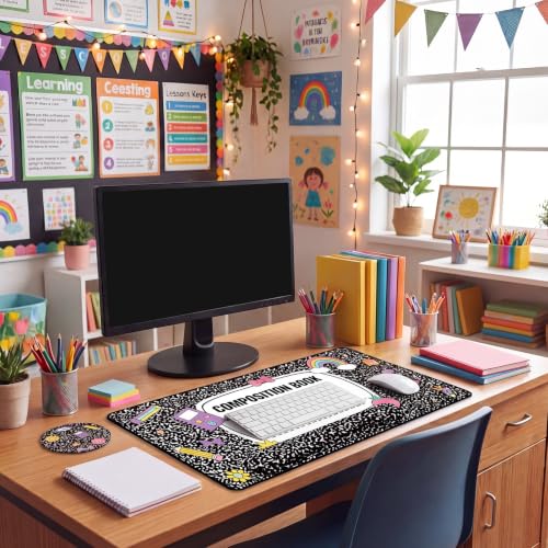 Kingdder Composition Book Teacher Desk Mat Mouse Pad Set Include Large Desk Mat Pad with Wrist Rest Mouse Support, Keyboard Wrist Rest Coaster Back to School Classroom Teacher Appreciation Gift - style: Composition Book