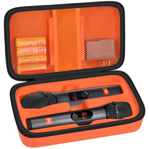 Wireless Microphone Case Compatible with JBL Wireless Two Microphone System, Handheld Dual Mic Travel Bag for Singing or Karaoke for Receivers, Adapters, AA Batteries - color: Orange