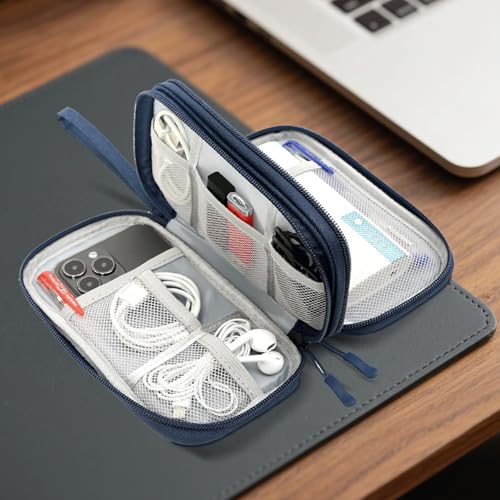 Travel Electronics Organizer, Waterproof Cable Organizer Bag for Electronic Accessories Double Layer Large Shockproof Cable Storage Bag(Navy Blue) - color: Navy Blue