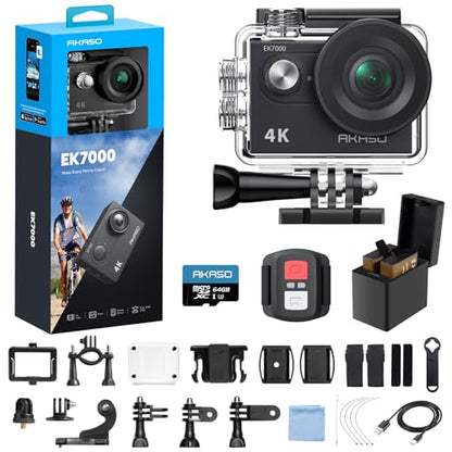 AKASO EK7000 4K30FPS 20MP WiFi Action Camera with 64GB MicroSD Memory Card Bundle EIS Ultra HD 131FT Waterproof Underwater Camera Remote Control 4X Zoom Support External Microphone Black - color: Deep Black