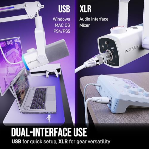 FIFINE Streaming Microphone Kit for Gaming, XLR/USB Dynamic Mic with RGB Boom Arm Stand for Podcast Vocal, PC Microphone with Mute Tap, 3-in-1 Volume Knob, Audio Balance-AmpliGame AM8PROT White - color: White