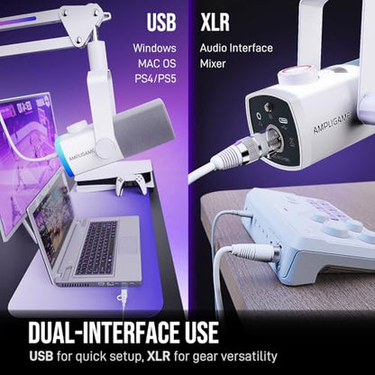 FIFINE Streaming Microphone Kit for Gaming, XLR/USB Dynamic Mic with RGB Boom Arm Stand for Podcast Vocal, PC Microphone with Mute Tap, 3-in-1 Volume Knob, Audio Balance-AmpliGame AM8PROT White - color: White