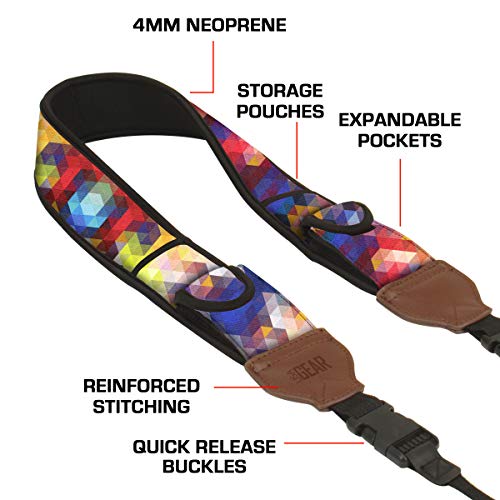 USA Gear TrueSHOT Camera Strap Neoprene Camera Straps - Padded Neck Strap, Pockets, and Quick Release Buckles - Compatible with Canon, Nikon, Sony and More DSLR and Mirrorless Cameras (Geometric) - color: Geometric