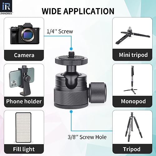 Mini Ball Head-INNOREL C19 Mount Tripod Head-CNC Metal Low Profile Ballhead 360° Pan 90° Tilt Tripods Mount with 3/8" to 1/4" Adapter Ballheads, Max Load 6.61 lb/3kg for Phone/DLSR Camera/Mini Holder