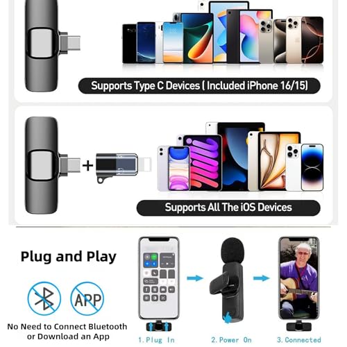 Wireless Mini Microphone, 2 Pack Wireless Lavalier Lapel Mic for Phones and Tablets, 2 in 1 Noise Reduction Lapel Mic for Video Recording Interview Podcast, Clip-on Mini Mic for Content Creators