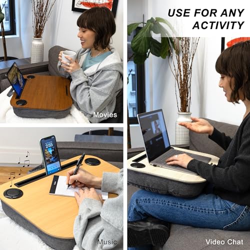 Portable Lap Desk for Computer Laptop, Tablets, Phones | Built-in Bluetooth Speakers | for Home Office | College (Mahogany) - color: Mahogany