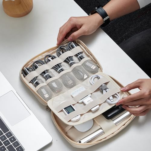 Travel Cable Organizer, Tech Pouch Electronics Organizer Travel Case, Portable Lightweight All-in-One Storage Bag for Cords, Charger, Phone, USB Cables, Hard Drive, Flash Drive (Beige, Large)