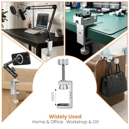 Heavy Duty C Clamp & Desk Clamp, Aluminum Alloy Table Mount with 1/4" & 3/8" Camera Tripod Adapter, Wide Jaw Design for Desk, Shelf, Camera Mount, Woodworking & Workbench (Silver) - color: Silver