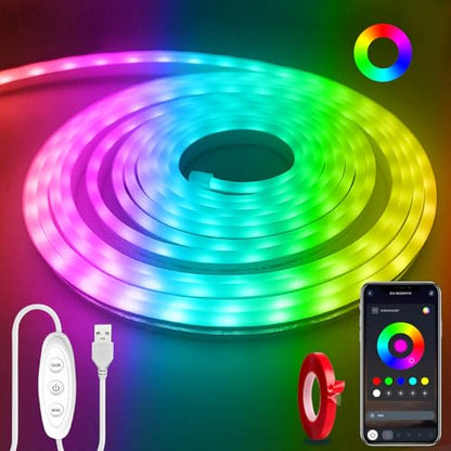 Neon Rope Lights，16.4ft RGB LED Strip Lights with Remote and App Control,Music Sync Flexible DIY Design,5V USB Powered Neon Lights for Bedroom, Living Room,Gaming,and Party Decoration - size: 16.4FT