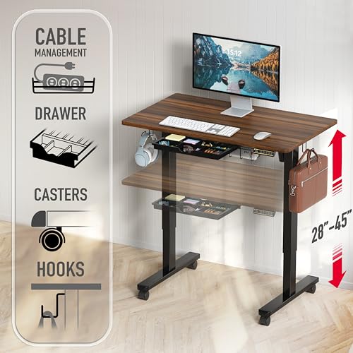 SHW 40-Inch Mobile Electric Height Adjustable Sit to Stand Desk with Drawer, Hanging Hooks and Cable Management, Walnut - color: Walnut