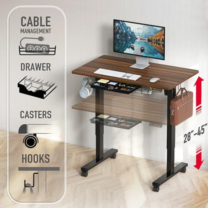 SHW 40-Inch Mobile Electric Height Adjustable Sit to Stand Desk with Drawer, Hanging Hooks and Cable Management, Walnut - color: Walnut