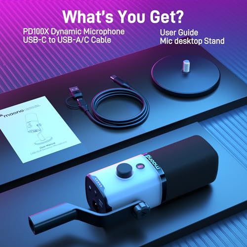 MAONO USB/XLR Podcasting Microphone for PC, Gaming Streaming Dynamic Mic with Mute Button, Software-RGB, Desktop Stand,Computer Mic for Video Studio Recording-PD100X,RGB