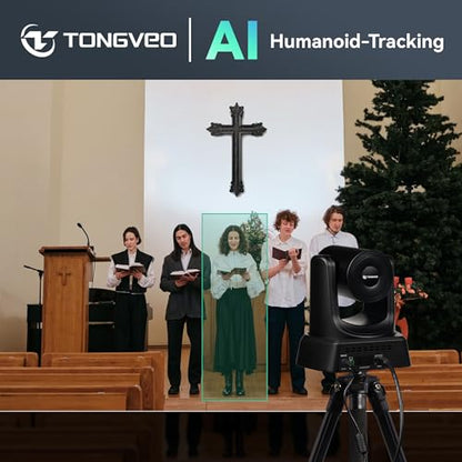 TONGVEO Wireless AI PTZ 20X Zoom Camera with Auto-Tracking: Built-in 5.8GHz Receiver for Cable-Free Setup, 1080P 60fps Conference Camera for Church Services, Online Classes & Hybrid Meetings - color: Gloss