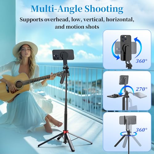 PlusAcc 69” Magnetic Selfie Stick Tripod - Extendable Phone Mount for MagSafe, 360°Rotation Travel Stand with Rechargeable Remote, Compatible with iPhone, Camera, Video Recording - size: 69"