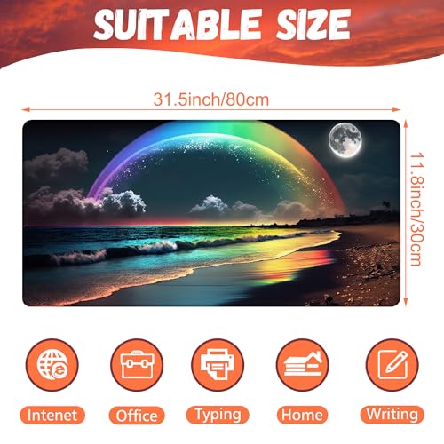 Desk Mat, Rainbow and Full Moon Desk Pad, Beach at Night Large Gaming Mouse Pad for Desk, 31.5"x15.7" Extended Big Computer Keyboard Mouse Pad with Non-Slip Base and Stitched Edge - color: Rainbow and Full Moon