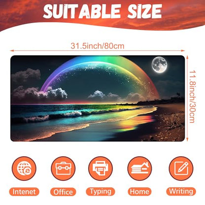 Desk Mat, Rainbow and Full Moon Desk Pad, Beach at Night Large Gaming Mouse Pad for Desk, 31.5"x15.7" Extended Big Computer Keyboard Mouse Pad with Non-Slip Base and Stitched Edge - color: Rainbow and Full Moon