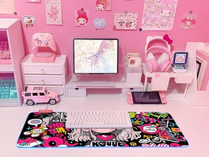 JMIYAV Pink RGB Gaming Mouse Pad 31.5x12 Inch PC XL Large Extended Glowing Led Light Up Desk Pad Non-Slip Rubber Base Computer Cute Mousepad Mat Desk Accessories Gaming Setup 371 - color: Pink Static