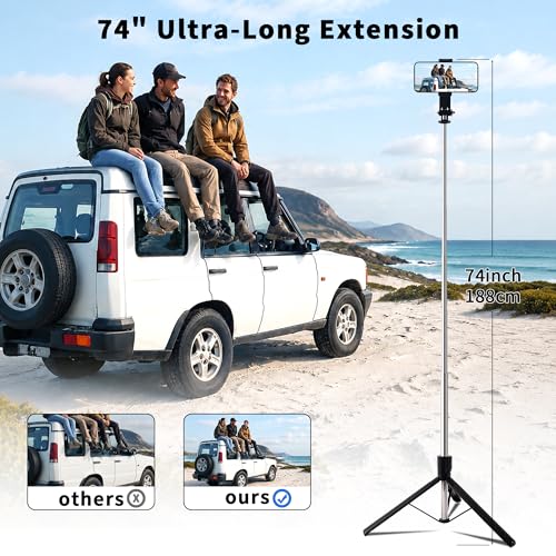 74" Selfie Stick Phone Tripod for iPhone Android Pockte3/4 Insta360 Camera | Extendable Cell Phone Tripod w Wireless Remote, 360° Rotatable Portable Travel Tripod Stand for Video Recording & Vlogging - size: 74"