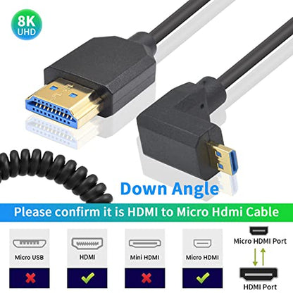 Duttek 8K Coiled Micro HDMI to HDMI Cable 8K@60Hz, 48Gbps, Extreme Slim Down Angle 90 Degree HDMI Male to Micro HDMI Male Coiled Cable for Camera, Laptops, Raspberry Pi 5 4 3.3 FT/1M - style: Down Angle Micro HDMI Male to HDMI Male