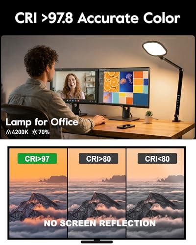 Desk Lamps for Home Office, 2000LM Eye-Caring Desk Light with Clamp, Dimmable Zoom Lighting with 3 Colors & 10 Brightness, Remote Computer Ring Light for Video Calls,Conference, Reading, CRI>97.8 - color: Black