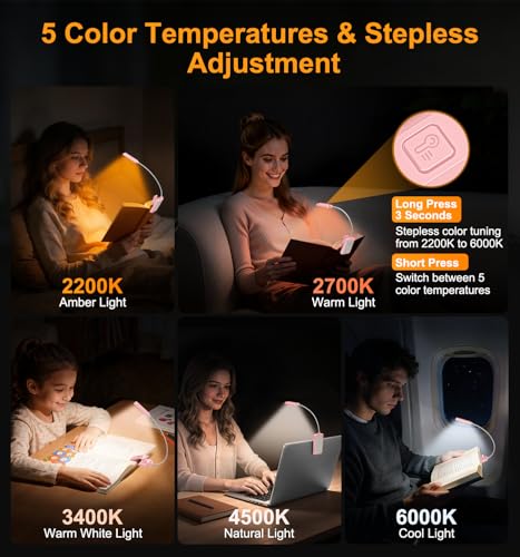 Gritin 2026 Gen 2 Book Light for Reading- 30 Eye Caring Full Spectrum LED | 5 Colors & 5 Brightness, Adjustable Wide/Narrow Beam, Upgrade 1500mAh Long-Lasting Rechargeable Clip on Light-Pink - color: Pink