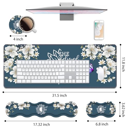 Ergonomic Keyboard Wrist Rest & Mouse Pad Wrist Rest Set, She Believed She Could So She Did Inspirational Quote Large XXL Gaming Desk Mat 31.5"x 11.8" with Non-Slip Base for Home Office Study Gaming - color: She Believed She Could So She