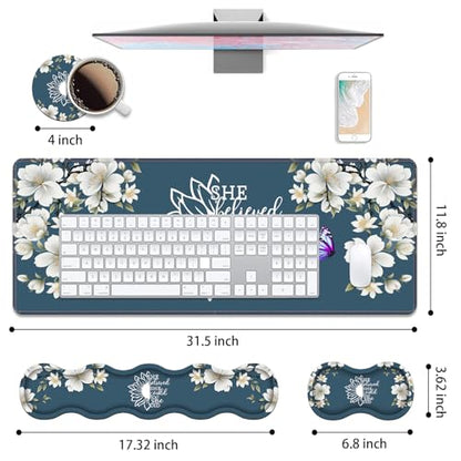 Ergonomic Keyboard Wrist Rest & Mouse Pad Wrist Rest Set, She Believed She Could So She Did Inspirational Quote Large XXL Gaming Desk Mat 31.5"x 11.8" with Non-Slip Base for Home Office Study Gaming - color: She Believed She Could So She