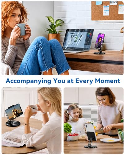 Phone Stand for Desk, 360° Rotating Dual Adjustable Foldable Holder, Heavy Solid All-Aluminum Base Anti-Slip Stable Support for Home Office Study, Fits iPhone Galaxy 4-8" Phones (Black) - color: Black