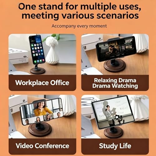Foldable 360° Rotating Phone Stand for Desk | Cellphone Stand with Anti-Slip Base Portable Phone Holder for iPhone 17 16 15 14 13 Pro Max, All Smart Phones, iPad - color: Wood Grain Black