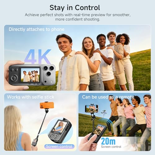 Wireless Selfie Monitor Vlogging Kit with Microphone, 65in Extendable Phone Tripod Selfie Stick, Magnetic Back Camera Monitor, 164ft Stable Wireless Casting, No Lag No Overheating for iPhone & Android