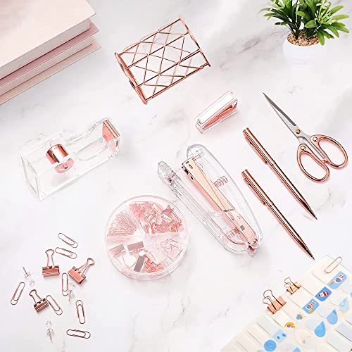 Famassi Rose Gold Desk Accessories，Office Supplies Set Acrylic Stapler Set Staple Remover, Tape Holder, 2 Ballpoint Pen, Scissor, Binder/Paper Clips and 1000pcs Staples. - color: Rose Gold
