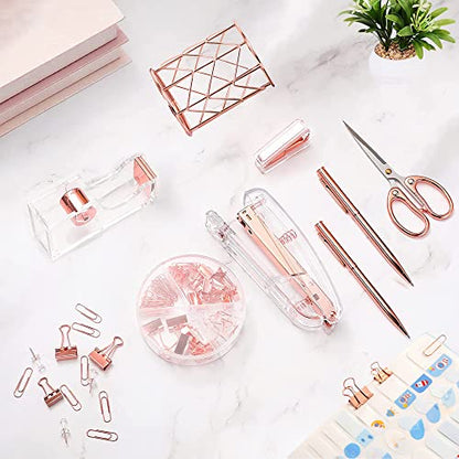 Famassi Rose Gold Desk Accessories，Office Supplies Set Acrylic Stapler Set Staple Remover, Tape Holder, 2 Ballpoint Pen, Scissor, Binder/Paper Clips and 1000pcs Staples. - color: Rose Gold