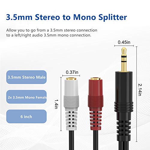3.5mm Stereo to Dual Mono Cable, 2 Pack 6inch 1/8" TRS Male to 2 TS Mono Female Adapter Gold-Plated Connector Audio Y Splitter Cord for Headphone, Speaker - size: 2-Pack