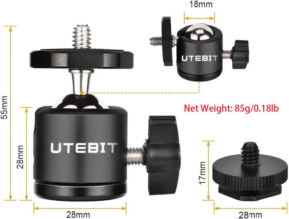 UTEBIT 2 Pack Mini Tripod Ball Head with 1/4" Camera Hot Shoe Mount, Black | 360° Vertical Pan 90° Camera Mount Adapter Photograph Attachment Accessories for Action Cameras Cam Light Microphone - size: 20mm ball head