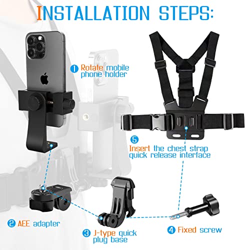 Phone Chest Strap Mount for POV/VLOG Videos, Chest Harness Holder Compatible with iPhone 13 12 11Pro Max Plus,Samsung,GoPro Hero 9, 8, 7, 6,AKASO,Action Camera and Cell Phone Video Shoot Accessories 1