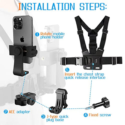 Phone Chest Strap Mount for POV/VLOG Videos, Chest Harness Holder Compatible with iPhone 13 12 11Pro Max Plus,Samsung,GoPro Hero 9, 8, 7, 6,AKASO,Action Camera and Cell Phone Video Shoot Accessories 1
