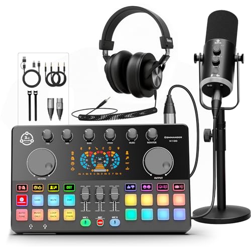 Podcast Equipment Bundle, RGB Audio Interface Mixer with Dynamic XLR/USB Microphone, Desktop Stand, Noise Reduction, Voice Changer, for Vocal Recording, Podcasting, Streaming, Gaming,TikTok - color: One dynamic mic bundle